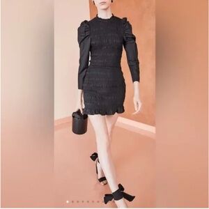 Ulla Johnson Black Aurele Smocked Puff Sleeve Mini Dress Sz 4 Womens LBD